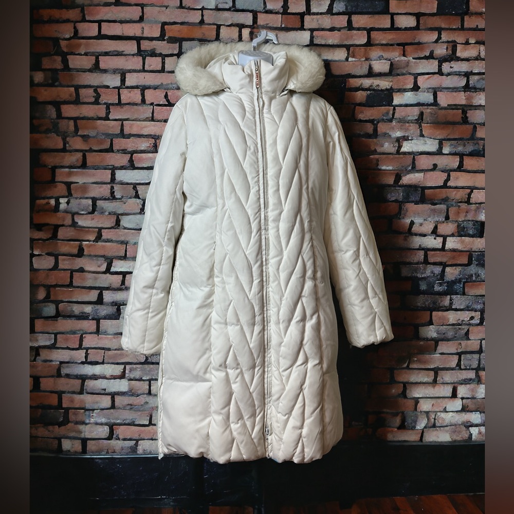 Ellabee White Quilted Down Parka Coat Faux Fur Hood Medium